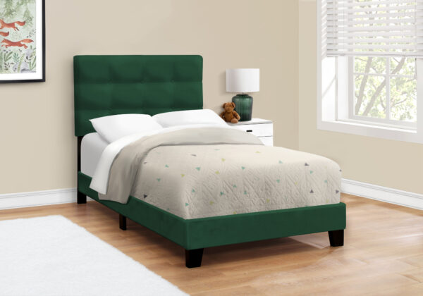 Bed, Twin Size, Upholstered, Bedroom, Frame Only, Youth, Teen, Juvenile, Green Velvet, Transitional