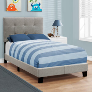Bed, Twin Size, Upholstered, Bedroom, Frame Only, Youth, Teen, Juvenile, Grey Linen Look, Transitional