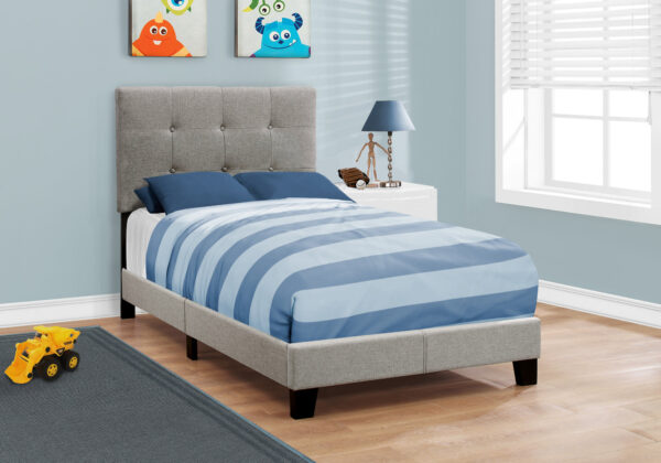 Bed, Twin Size, Upholstered, Bedroom, Frame Only, Youth, Teen, Juvenile, Grey Linen Look, Transitional