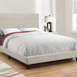 Bed, Full Size, Bedroom, Upholstered, Frame Only, Beige Linen Look, Black Wood Legs, Transitional