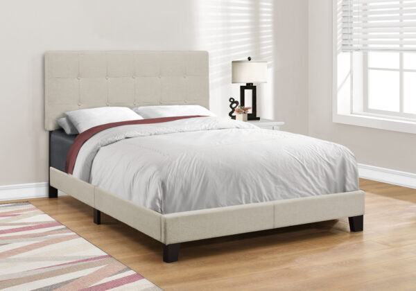 Bed, Full Size, Bedroom, Upholstered, Frame Only, Beige Linen Look, Black Wood Legs, Transitional