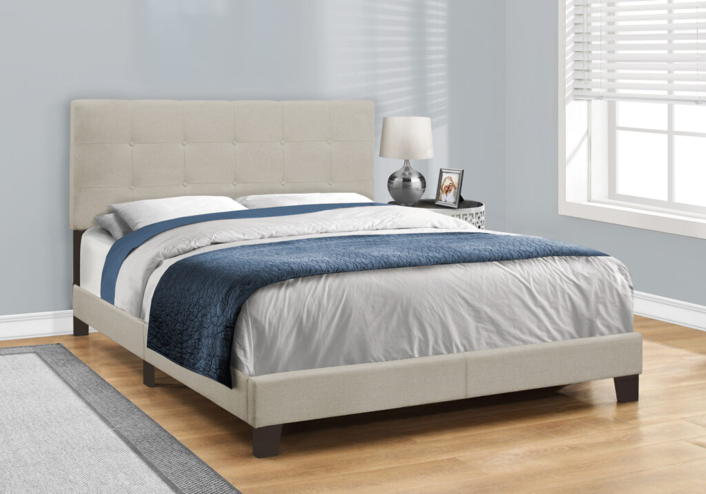Bed, Queen Size, Bedroom, Upholstered, Beige Linen Look, Black Wood Legs, Transitional