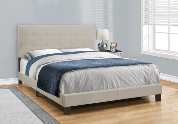 Bed, Queen Size, Bedroom, Upholstered, Beige Linen Look, Black Wood Legs, Transitional