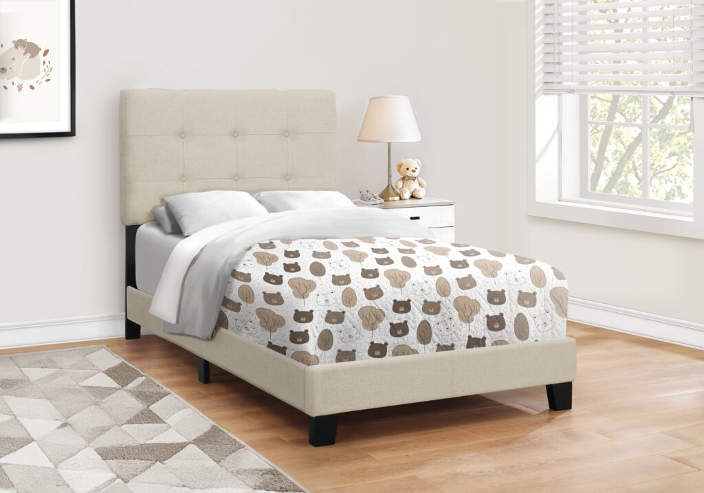 Bed, Twin Size, Upholstered, Bedroom, Frame Only, Youth, Teen, Juvenile, Beige Linen Look, Transitional