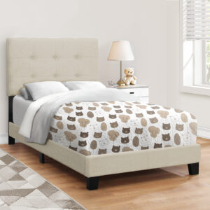 Bed, Twin Size, Upholstered, Bedroom, Frame Only, Youth, Teen, Juvenile, Beige Linen Look, Transitional