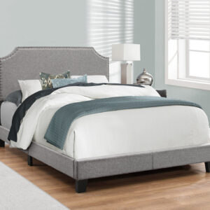 Bed, Full Size, Bedroom, Upholstered, Grey Linen Look, Chrome Trim, Transitional