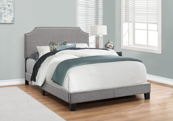 Bed, Full Size, Bedroom, Upholstered, Grey Linen Look, Chrome Trim, Transitional