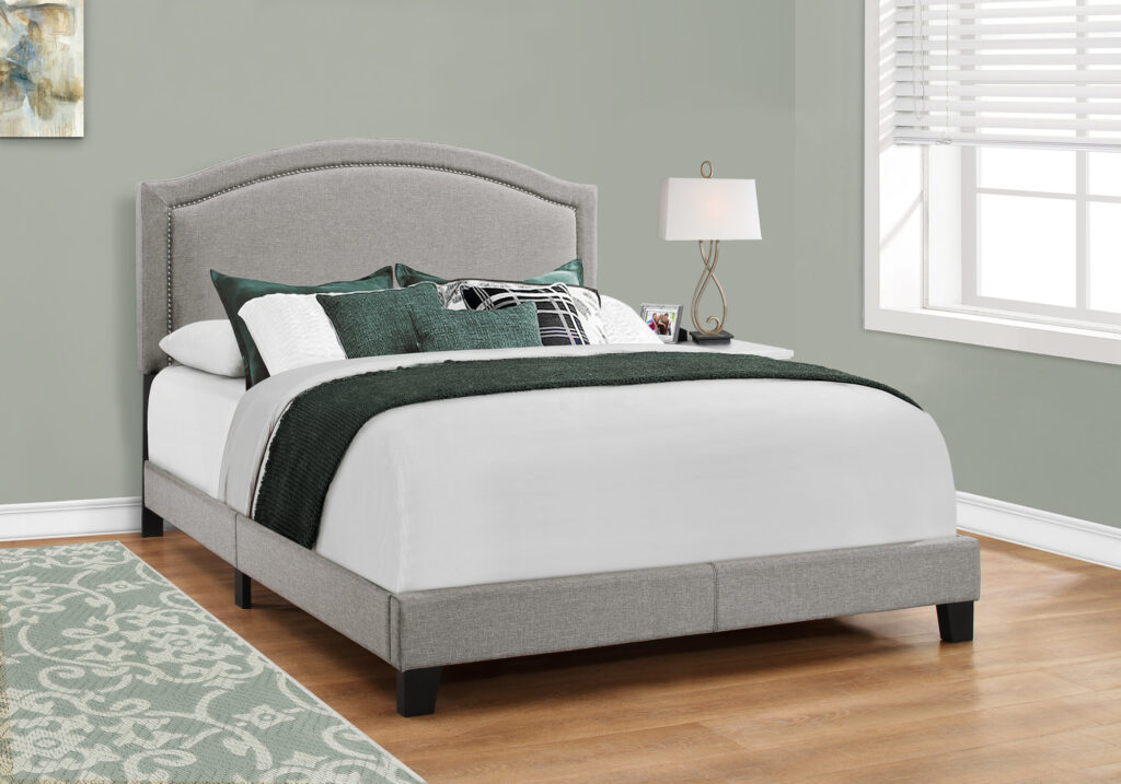 Bed, Queen Size, Bedroom, Upholstered, Grey Linen Look, Chrome Trim, Transitional