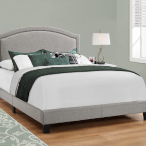 Bed, Queen Size, Bedroom, Upholstered, Grey Linen Look, Chrome Trim, Transitional