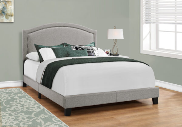 Bed, Queen Size, Bedroom, Upholstered, Grey Linen Look, Chrome Trim, Transitional