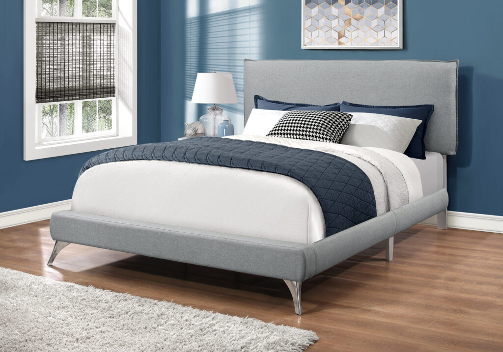 Bed, Queen Size, Bedroom, Upholstered, Grey Linen Look, Chrome Metal Legs, Contemporary, Modern