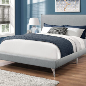 Bed, Queen Size, Bedroom, Upholstered, Grey Linen Look, Chrome Metal Legs, Contemporary, Modern