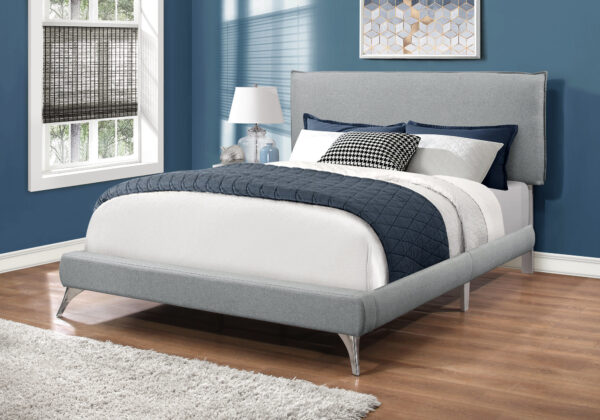 Bed, Queen Size, Bedroom, Upholstered, Grey Linen Look, Chrome Metal Legs, Contemporary, Modern