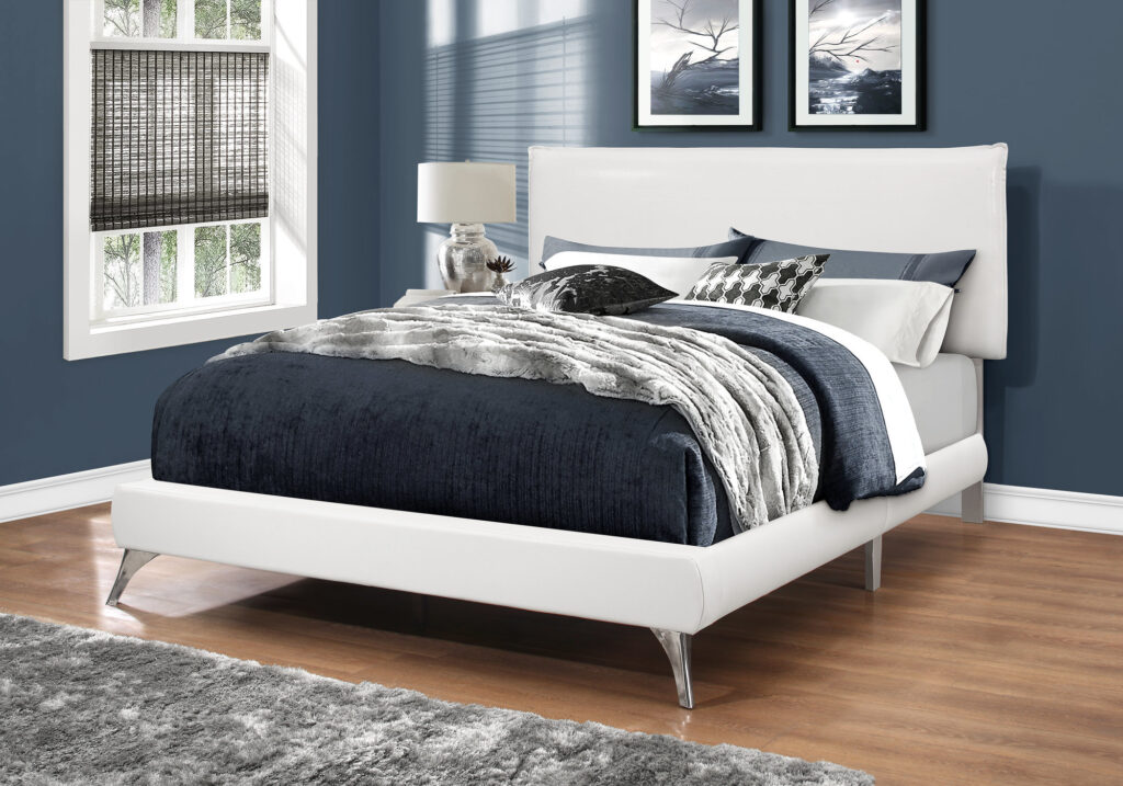 Bed, Queen Size, Bedroom, Upholstered, White Leather Look, Chrome Metal Legs, Contemporary, Modern