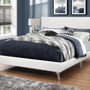 Bed, Queen Size, Bedroom, Upholstered, White Leather Look, Chrome Metal Legs, Contemporary, Modern