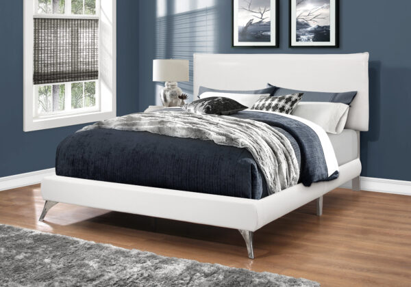 Bed, Queen Size, Bedroom, Upholstered, White Leather Look, Chrome Metal Legs, Contemporary, Modern