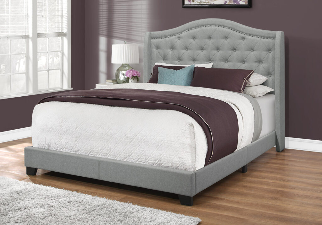Bed, Queen Size, Bedroom, Upholstered, Grey Linen Look, Chrome Trim, Traditional
