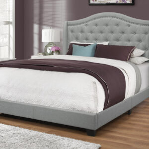 Bed, Queen Size, Bedroom, Upholstered, Grey Linen Look, Chrome Trim, Traditional
