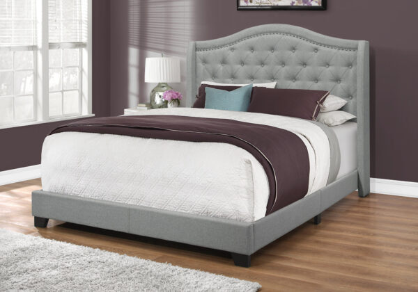 Bed, Queen Size, Bedroom, Upholstered, Grey Linen Look, Chrome Trim, Traditional