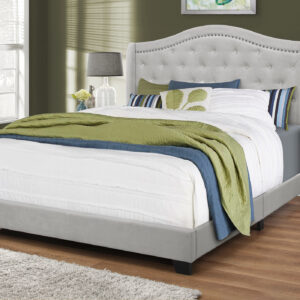 Bed, Queen Size, Bedroom, Upholstered, Grey Velvet, Chrome Trim, Traditional