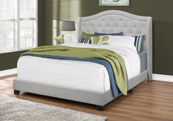 Bed, Queen Size, Bedroom, Upholstered, Grey Velvet, Chrome Trim, Traditional