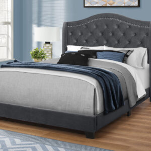 Bed, Queen Size, Bedroom, Upholstered, Grey Velvet, Chrome Trim, Traditional