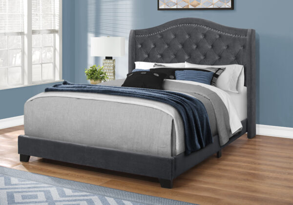 Bed, Queen Size, Bedroom, Upholstered, Grey Velvet, Chrome Trim, Traditional