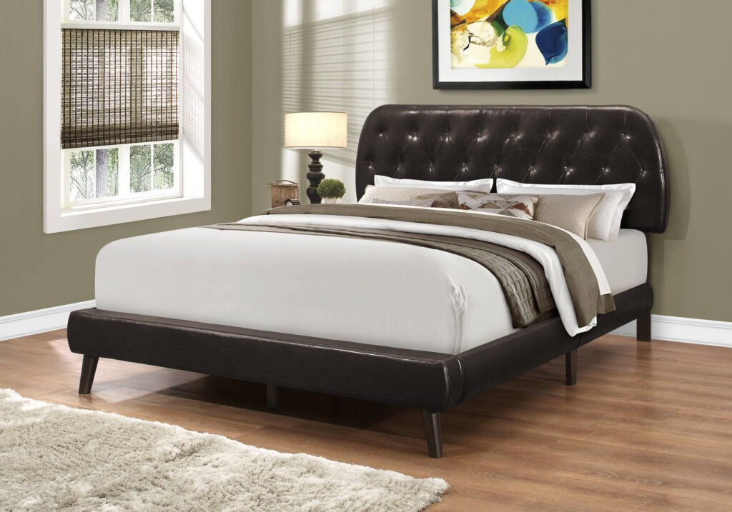 Bed, Queen Size, Bedroom, Upholstered, Brown Leather Look, Wood Legs, Transitional