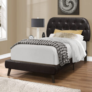 Bed, Twin Size, Teen, Upholstered, Brown Leather Look, Wood Legs, Transitional