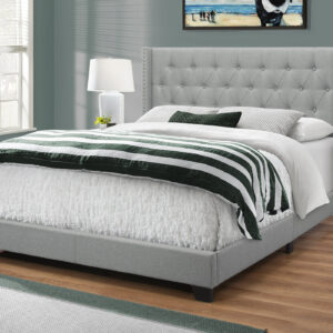 Bed, Queen Size, Bedroom, Upholstered, Grey Linen Look, Chrome Trim, Transitional