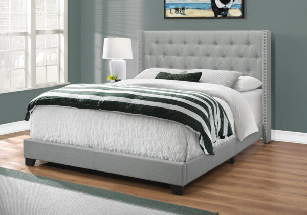 Bed, Queen Size, Bedroom, Upholstered, Grey Linen Look, Chrome Trim, Transitional