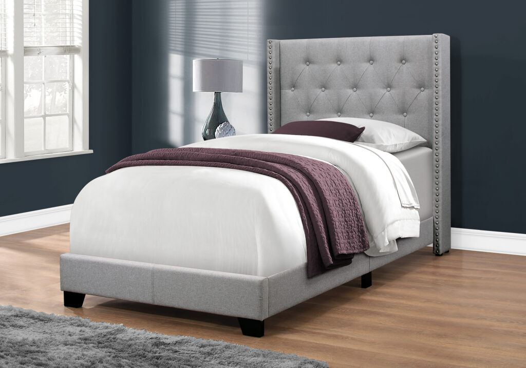 Bed, Twin Size, Teen, Upholstered, Grey Linen Look, Chrome Trim, Transitional