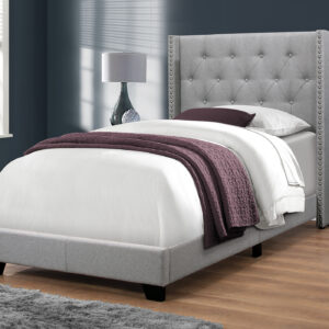 Bed, Twin Size, Teen, Upholstered, Grey Linen Look, Chrome Trim, Transitional
