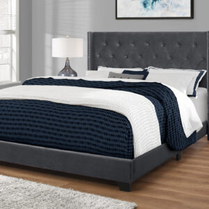 Bed, Queen Size, Bedroom, Upholstered, Grey Velvet, Chrome Trim, Transitional