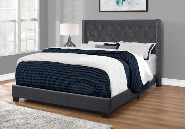 Bed, Queen Size, Bedroom, Upholstered, Grey Velvet, Chrome Trim, Transitional