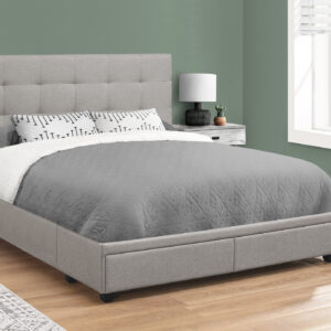 Bed, Queen Size, Bedroom, Upholstered, Grey Linen Look, Wood Legs, Transitional