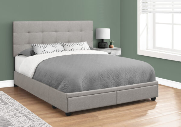 Bed, Queen Size, Bedroom, Upholstered, Grey Linen Look, Wood Legs, Transitional