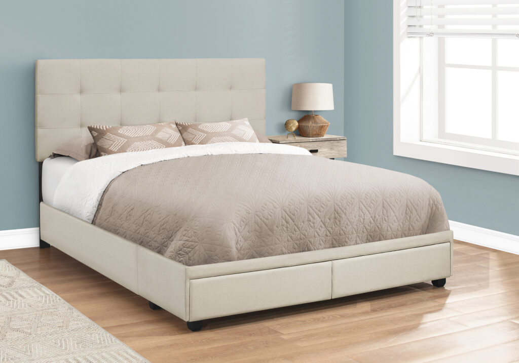Bed, Queen Size, Bedroom, Upholstered, Beige Linen Look, Black Wood Legs, Transitional
