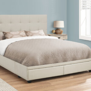 Bed, Queen Size, Bedroom, Upholstered, Beige Linen Look, Black Wood Legs, Transitional