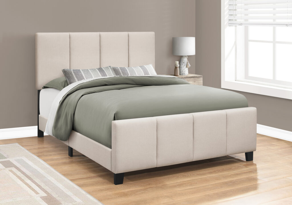 Bed, Queen Size, Bedroom, Upholstered, Beige Linen Look, Black Wood Legs, Transitional