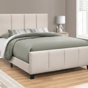 Bed, Queen Size, Bedroom, Upholstered, Beige Linen Look, Black Wood Legs, Transitional