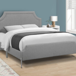 Bed, Queen Size, Bedroom, Upholstered, Grey Linen Look, Chrome Metal Legs, Transitional