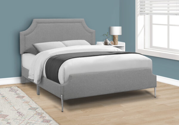 Bed, Queen Size, Bedroom, Upholstered, Grey Linen Look, Chrome Metal Legs, Transitional