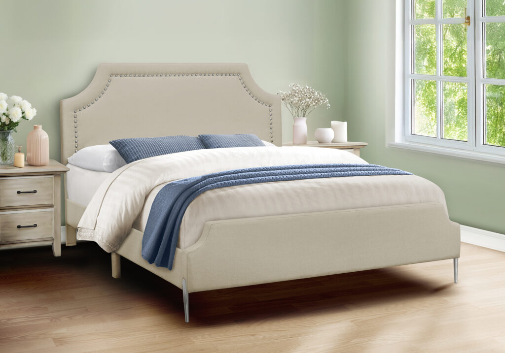 Bed, Queen Size, Bedroom, Upholstered, Beige Linen Look, Chrome Metal Legs, Transitional