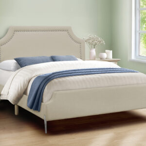 Bed, Queen Size, Bedroom, Upholstered, Beige Linen Look, Chrome Metal Legs, Transitional