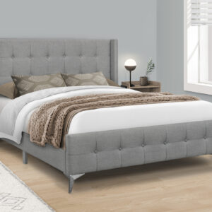 Bed, Queen Size, Bedroom, Upholstered, Grey Linen Look, Chrome Metal Legs