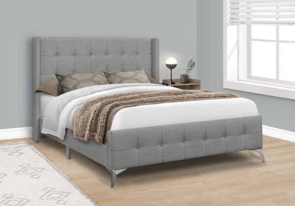 Bed, Queen Size, Bedroom, Upholstered, Grey Linen Look, Chrome Metal Legs