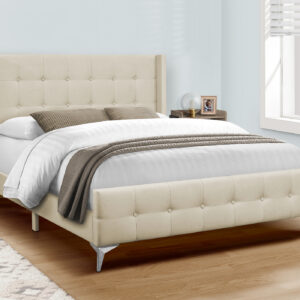 Bed, Queen Size, Bedroom, Upholstered, Beige Linen Look, Chrome Metal Legs