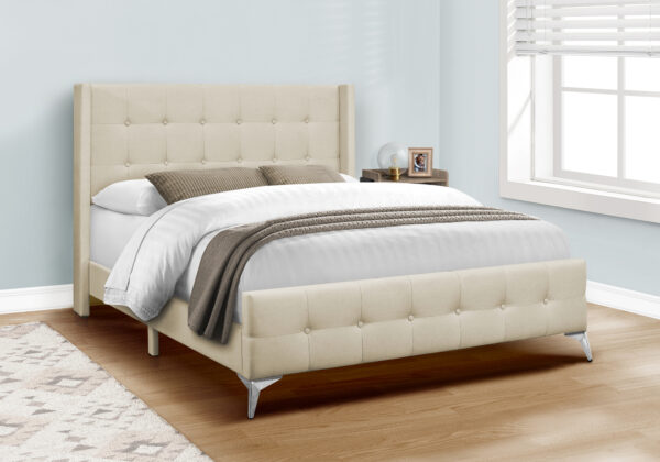 Bed, Queen Size, Bedroom, Upholstered, Beige Linen Look, Chrome Metal Legs