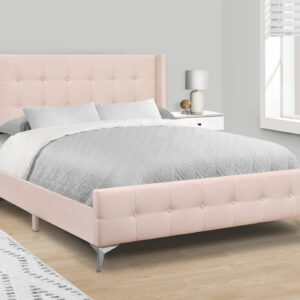 Bed, Queen Size, Bedroom, Upholstered, Pink Velvet, Chrome Metal Legs